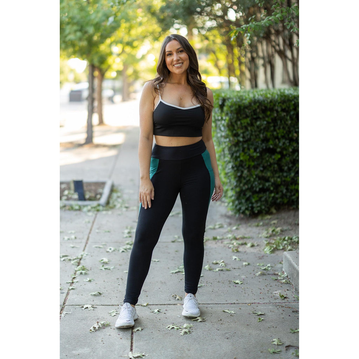 Julia Rose Gracie Green Panel Full Length Leggings women’s boutique leggings front view, Woman wearing Julia Rose Gracie leggings with green panel detail