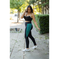 Julia Rose Gracie Green Panel Full Length Leggings women’s boutique leggings front view, Woman wearing Julia Rose Gracie leggings with green panel detail