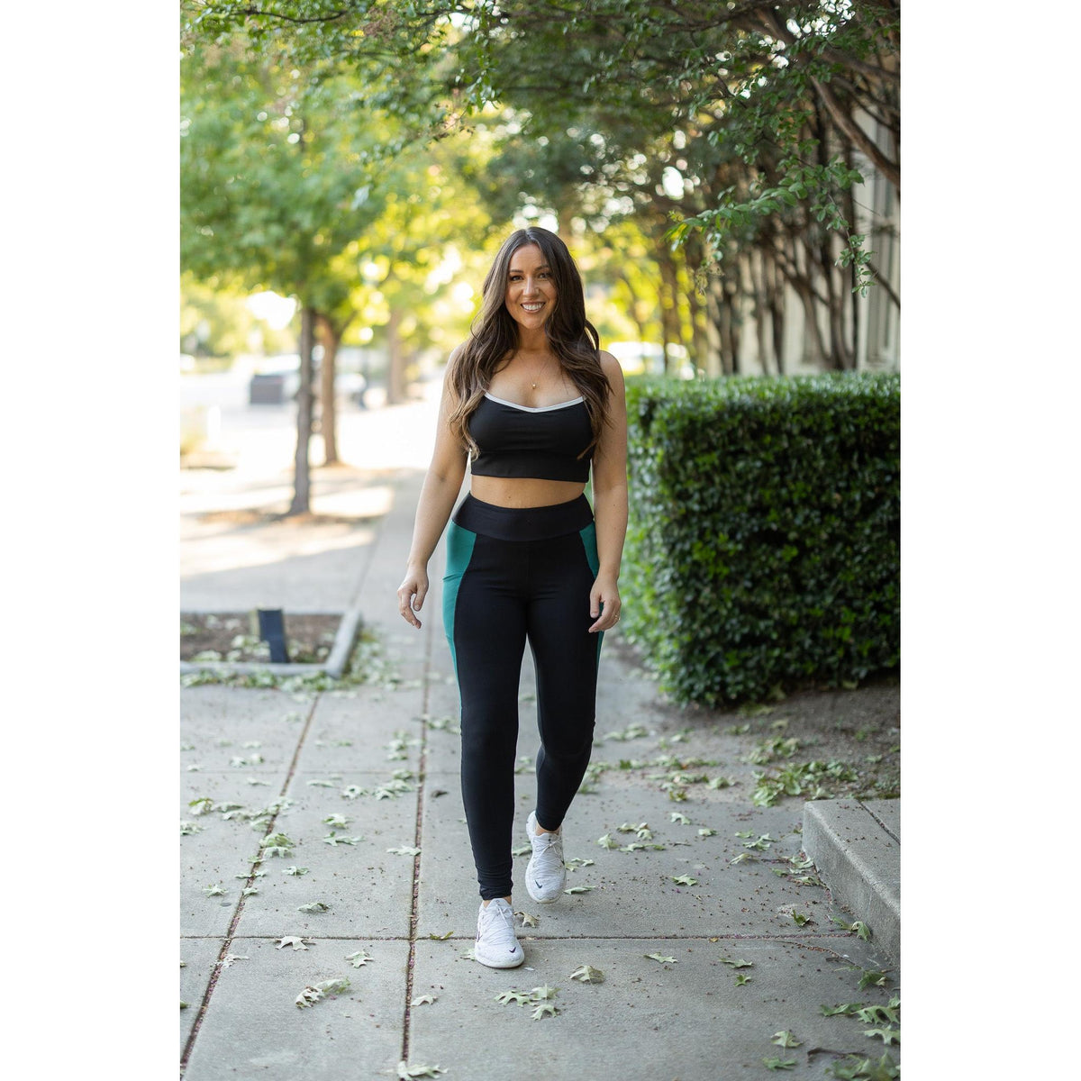 Julia Rose Gracie Green Panel Full Length Leggings women’s boutique leggings front view, Woman wearing Julia Rose Gracie leggings with green panel detail