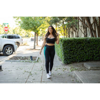 Julia Rose Gracie Green Panel Full Length Leggings women’s boutique leggings front view, Woman wearing Julia Rose Gracie leggings with green panel detail