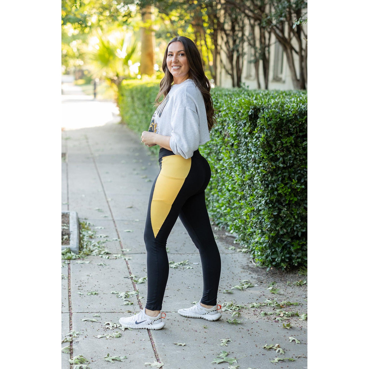 Julia Rose Yasmine Yellow Panel Full Length Leggings women’s boutique leggings front view, Woman wearing Julia Rose Yasmine leggings with yellow panel detail