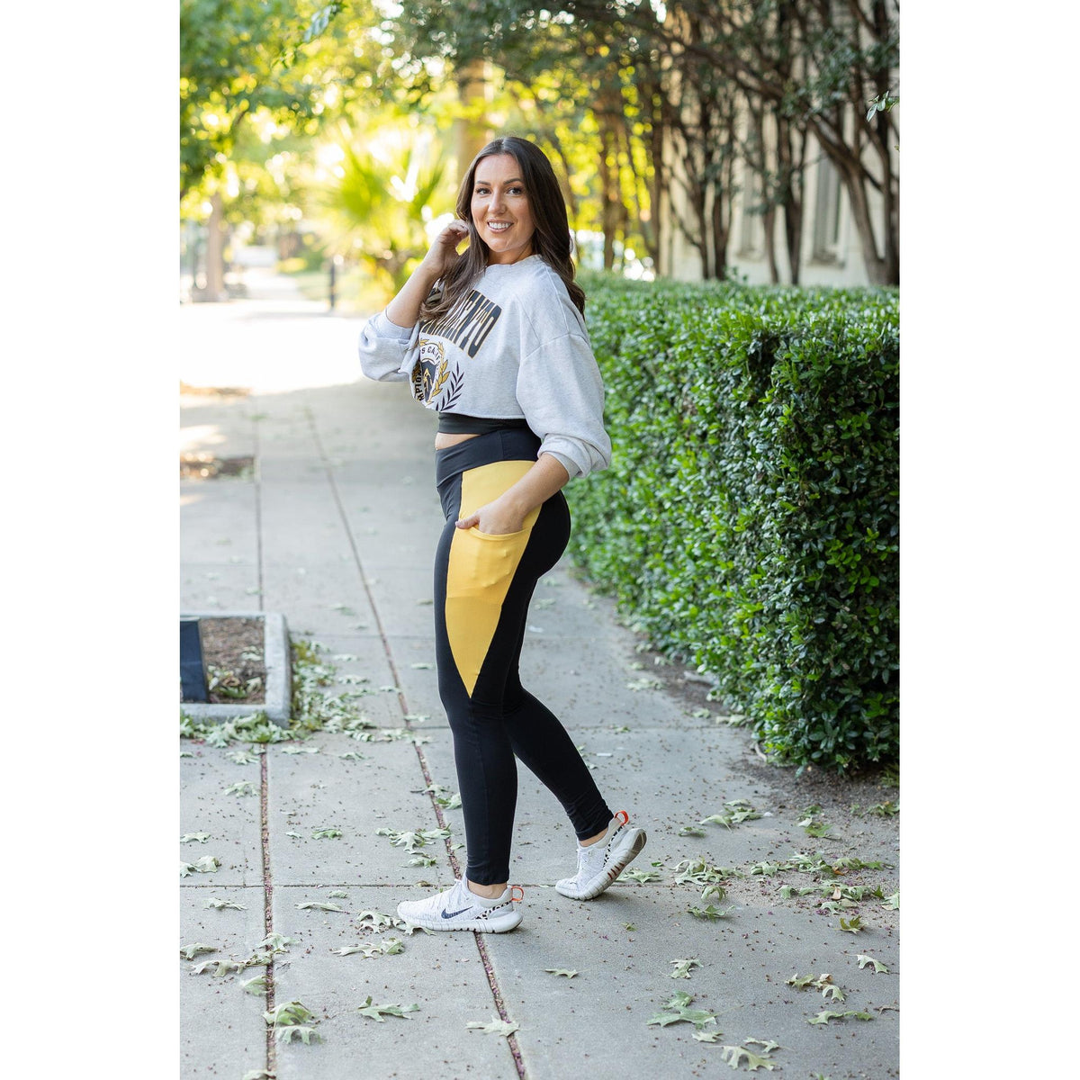 Julia Rose Yasmine Yellow Panel Full Length Leggings women’s boutique leggings front view, Woman wearing Julia Rose Yasmine leggings with yellow panel detail