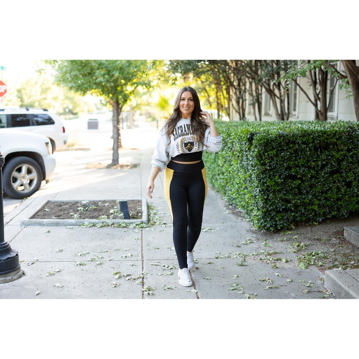 Julia Rose Yasmine Yellow Panel Full Length Leggings women’s boutique leggings front view, Woman wearing Julia Rose Yasmine leggings with yellow panel detail