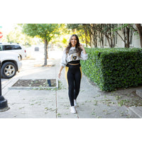 Julia Rose Yasmine Yellow Panel Full Length Leggings women’s boutique leggings front view, Woman wearing Julia Rose Yasmine leggings with yellow panel detail