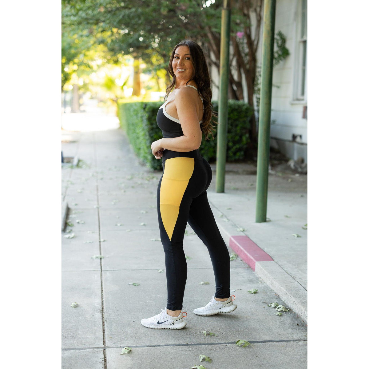 Julia Rose Yasmine Yellow Panel Full Length Leggings women’s boutique leggings front view, Woman wearing Julia Rose Yasmine leggings with yellow panel detail