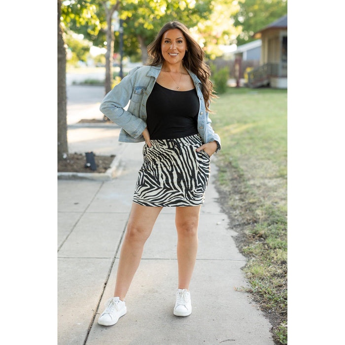 Julia Rose Zoe Zebra Print Jogger Skirt with pockets and waistband. Buttery soft zebra jogger skirt for women by Julia Rose.