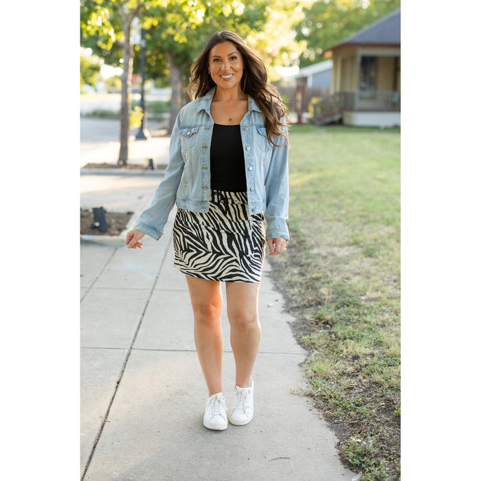 Julia Rose Zoe Zebra Print Jogger Skirt with pockets and waistband. Buttery soft zebra jogger skirt for women by Julia Rose.