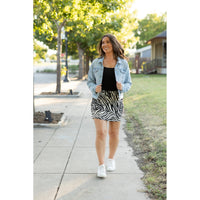 Julia Rose Zoe Zebra Print Jogger Skirt with pockets and waistband. Buttery soft zebra jogger skirt for women by Julia Rose.