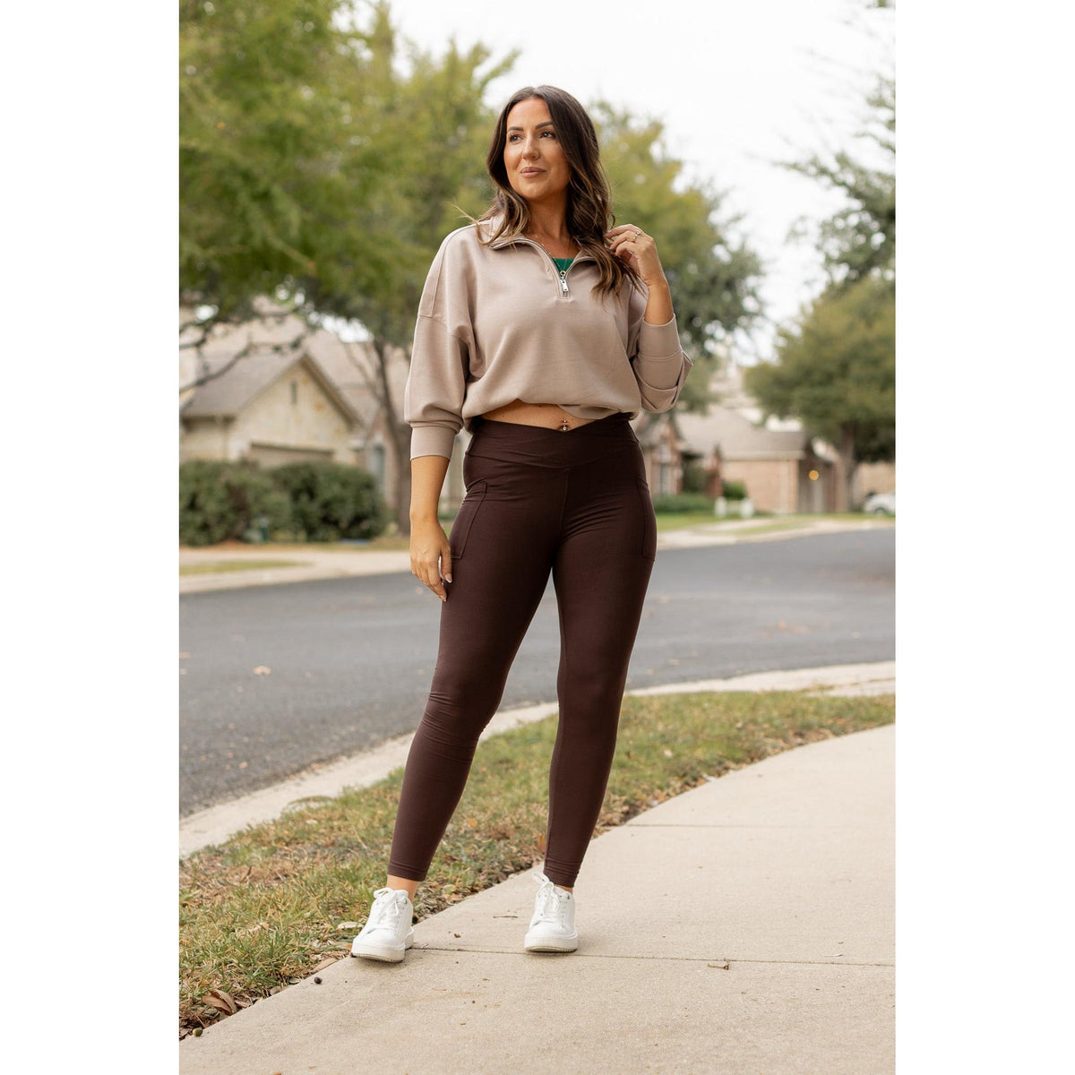 Ready to Ship | The Becca - BROWN Crossover Full Length Leggings with Pockets - 2 PACK