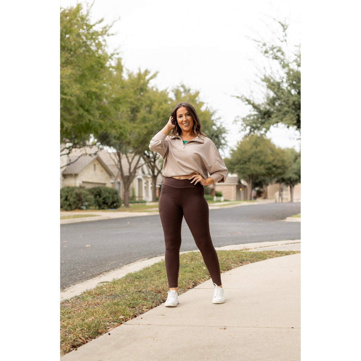 Ready to Ship | The Becca - BROWN Crossover Full Length Leggings with Pockets - 2 PACK