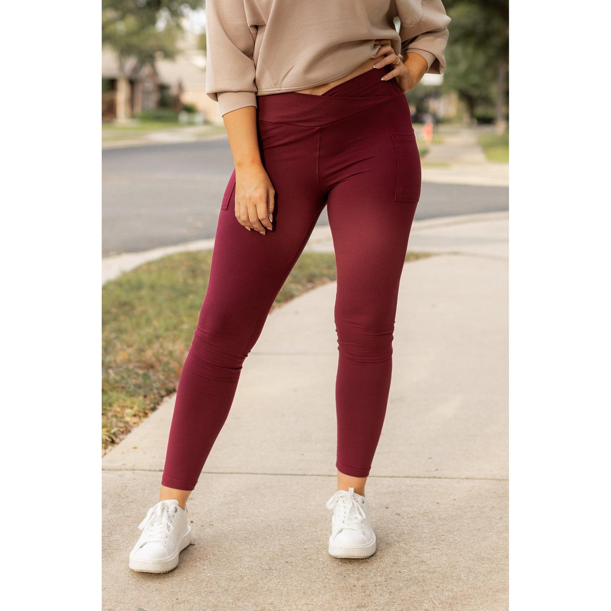 Ready to Ship | The Molly - 2 PACK - MAROON Crossover Full Length Leggings with Pockets