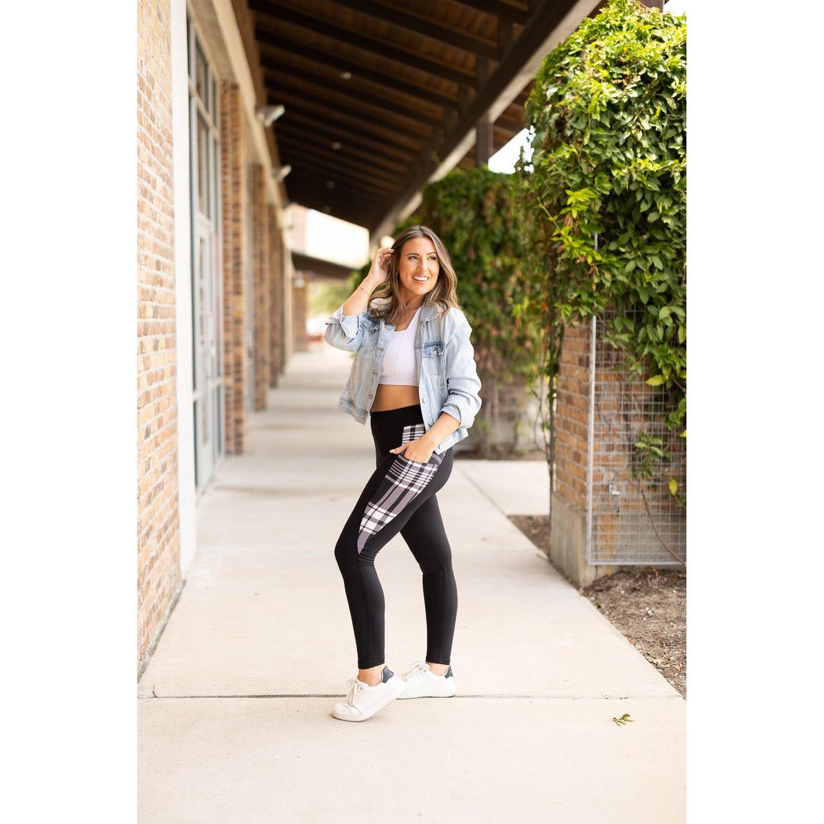 High waisted black leggings with plaid side panel