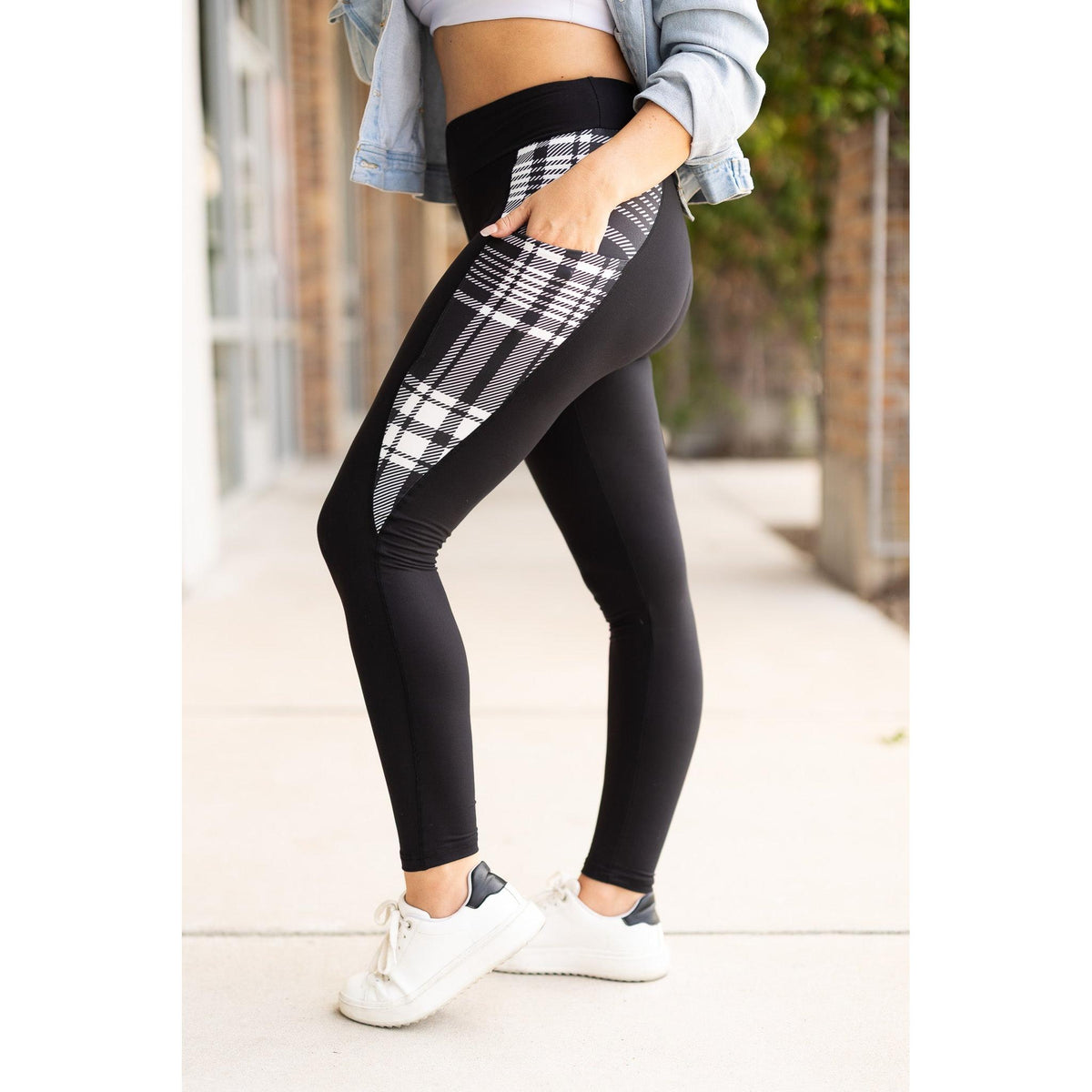 Ready to Ship | The Gabby - Black And White Plaid Panel Leggings - 2 PACK
