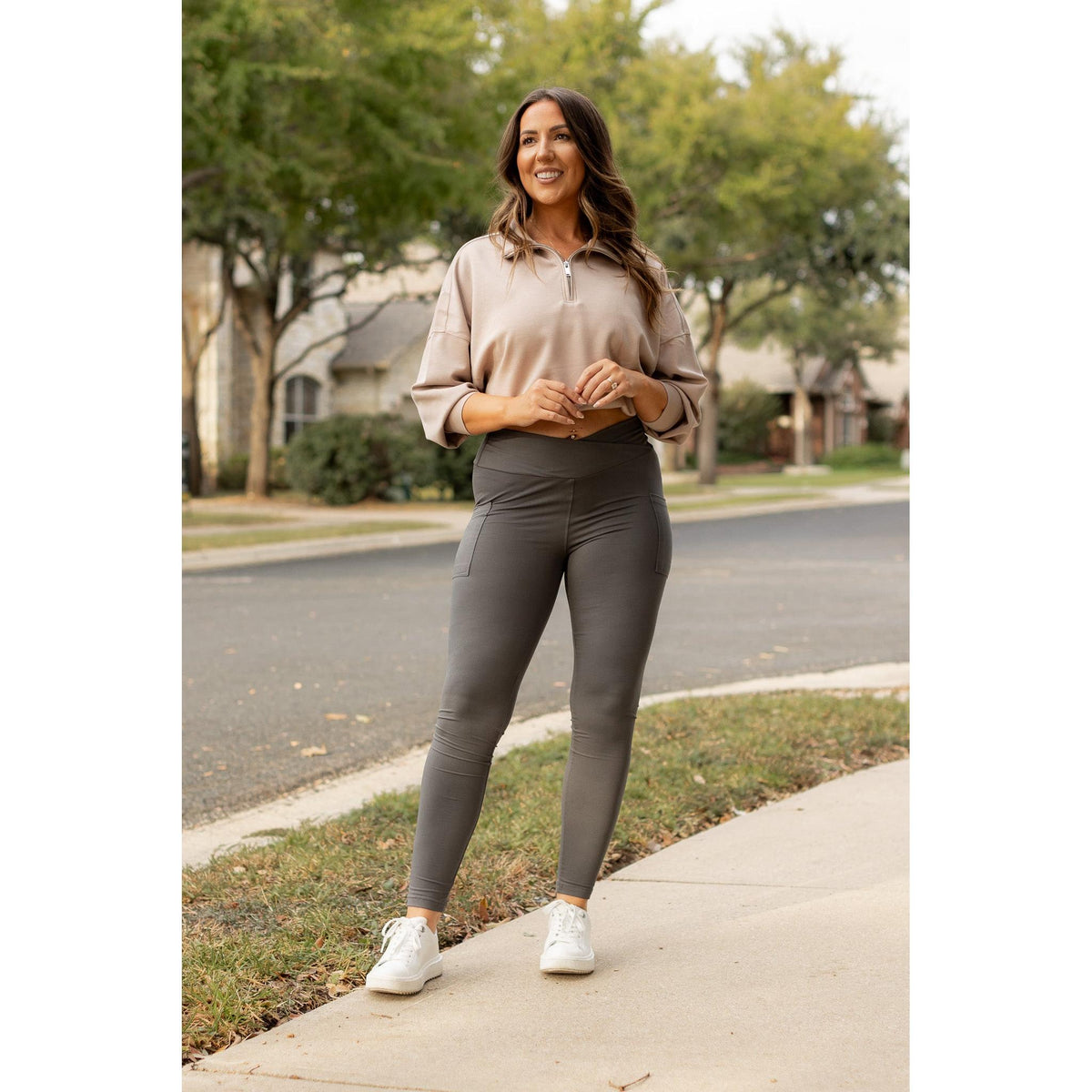Ready to Ship | The Caitlin - CHARCOAL Crossover Full Length Leggings with Pockets - 2 PACK