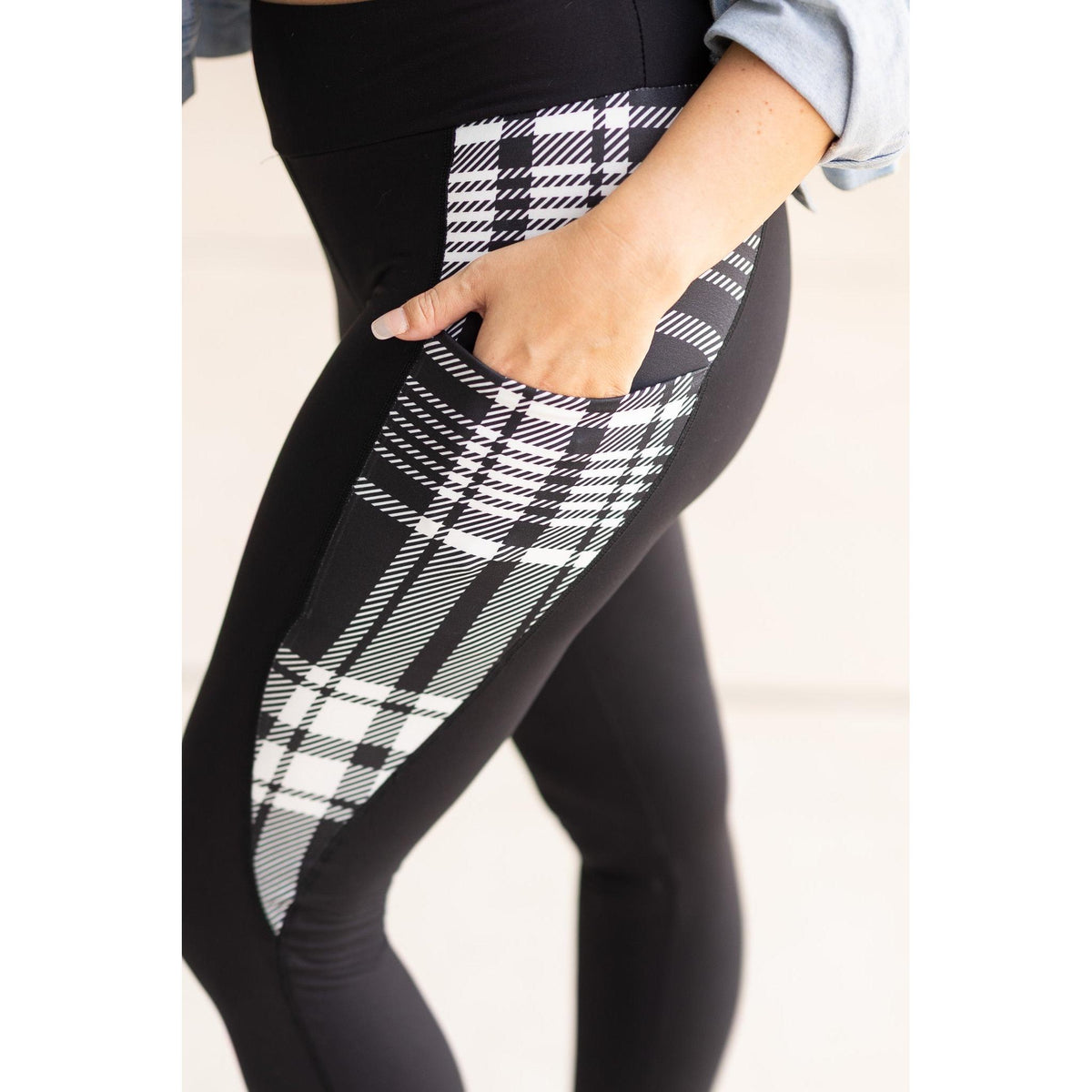 High waisted black leggings with plaid side panel