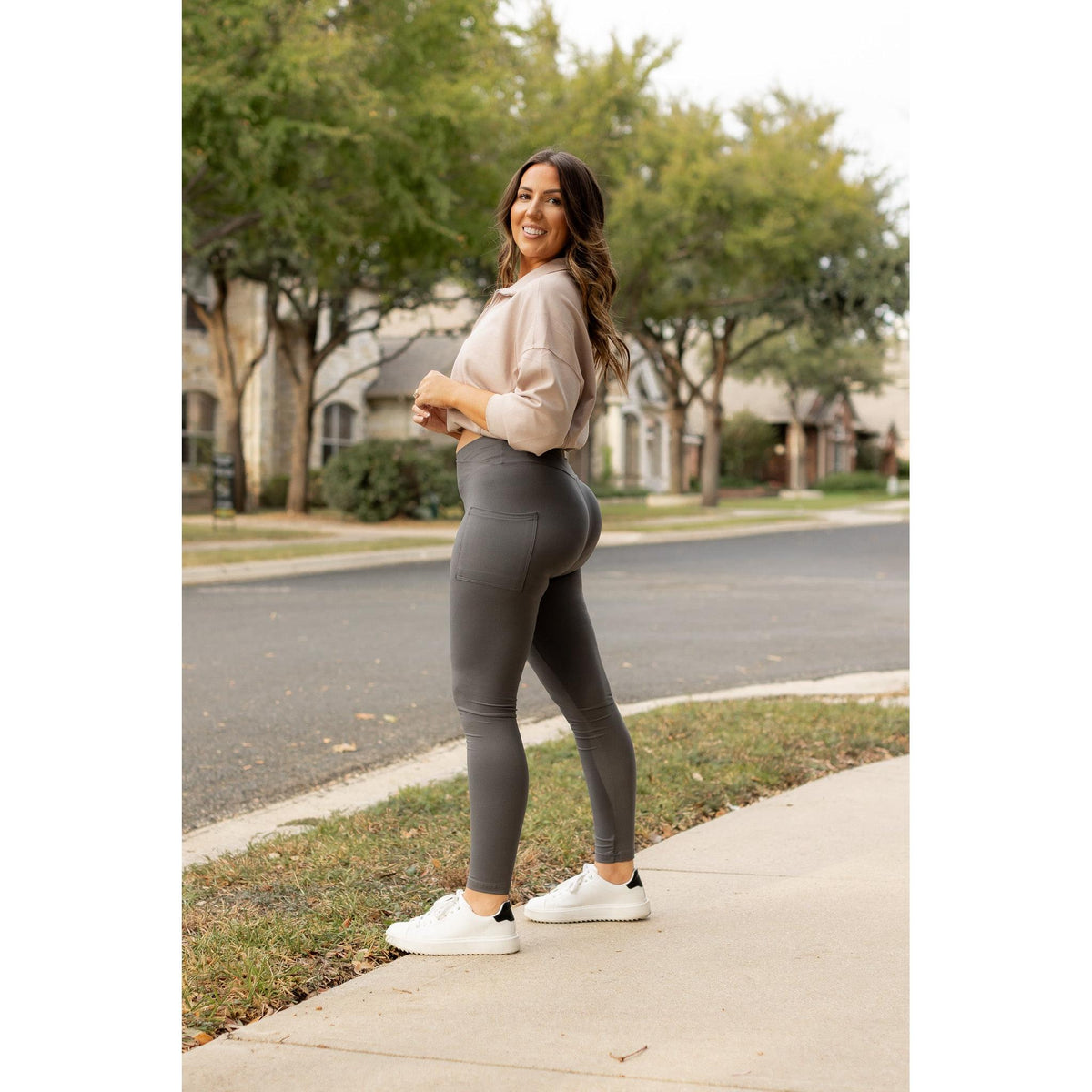Ready to Ship | The Caitlin - CHARCOAL Crossover Full Length Leggings with Pockets - 2 PACK