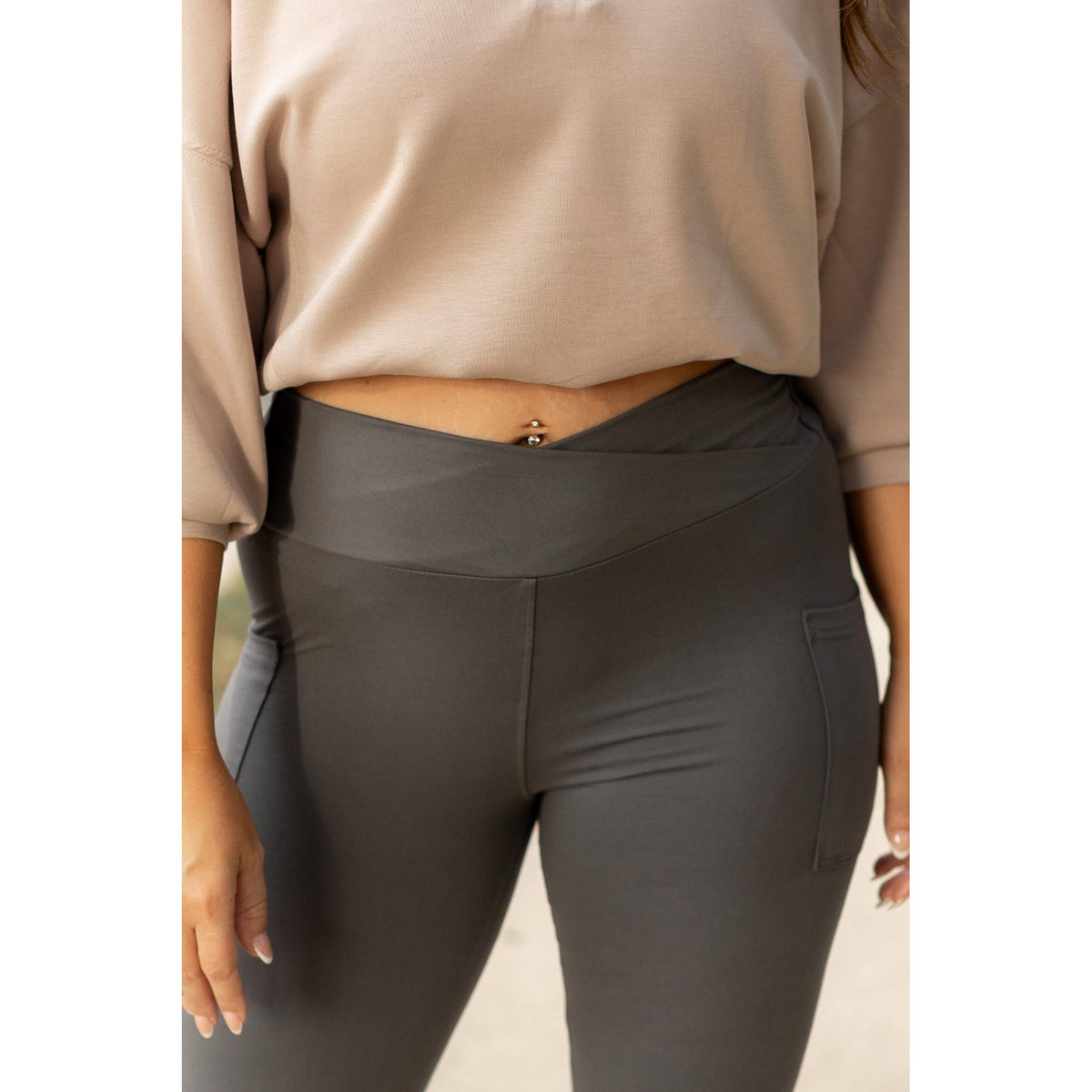 Ready to Ship | The Caitlin - CHARCOAL Crossover Full Length Leggings with Pockets - 2 PACK