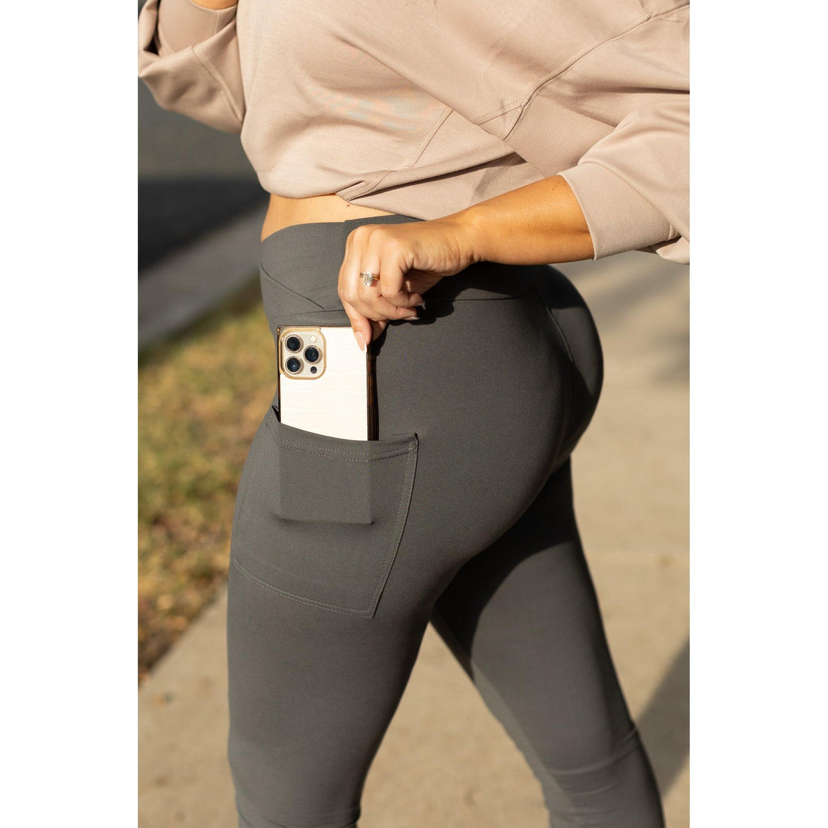 Ready to Ship | The Caitlin - CHARCOAL Crossover Full Length Leggings with Pockets - 2 PACK