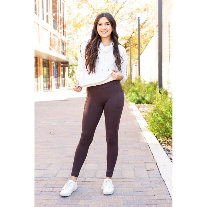 High waist brown crossover leggings for women. Buttery soft brown leggings with flattering waistband