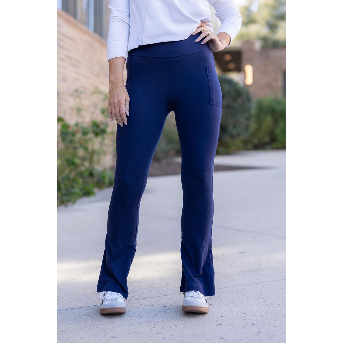 “Julia Rose Navy Flare Lounge Pants with pockets and soft stretch fabric
