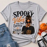 Spooky Vibes Halloween graphic crewneck T-shirt featuring coffee, candy, pumpkins and leopard print