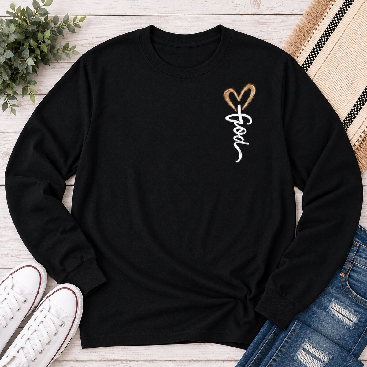 Black long sleeve crew neck tee with God heart front graphic and Way Maker leopard cross faith graphic on back