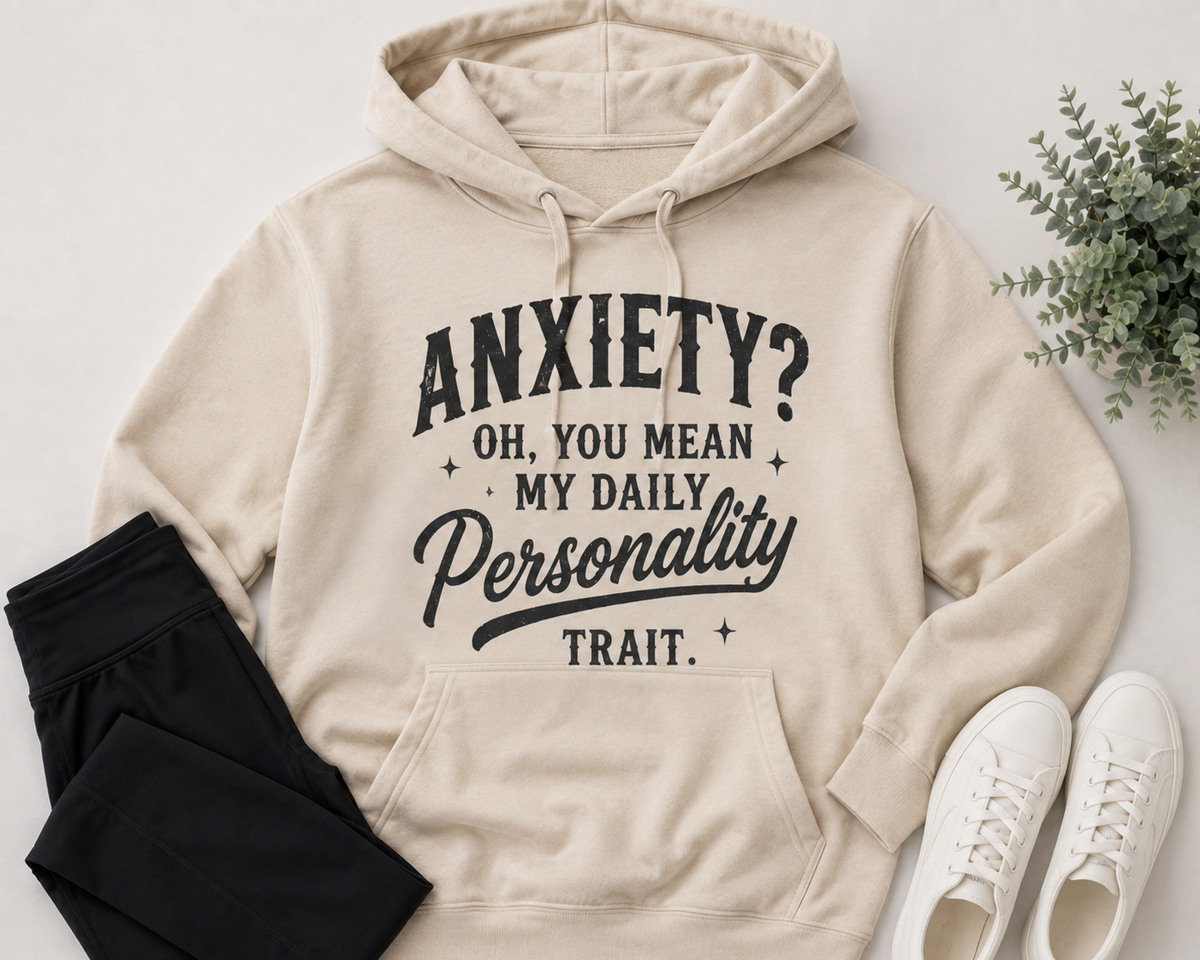 Cream hoodie with black vintage-style lettering reading Anxiety? Oh, You Mean My Daily Personality Trait.