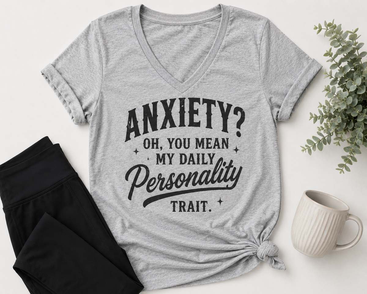Gray graphic T-shirt with black vintage-style lettering reading Anxiety? Oh, You Mean My Daily Personality Trait.