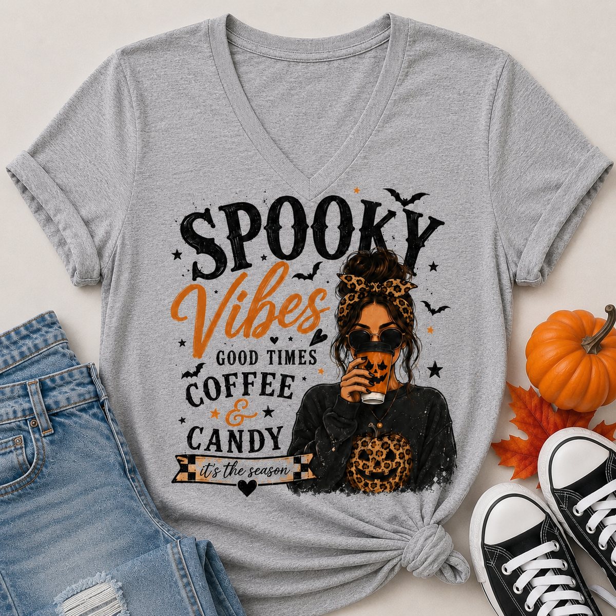 Grey Spooky Vibes Halloween graphic tee with coffee, pumpkin, bats and leopard print details.