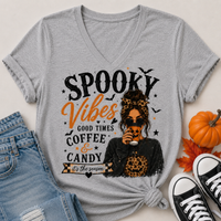 Grey Spooky Vibes Halloween graphic tee with coffee, pumpkin, bats and leopard print details.