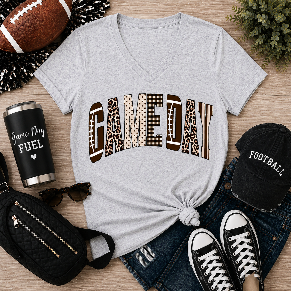 Julia Rose Game Day apparel featuring a football-inspired GAMEDAY graphic with leopard, polka-dot, gingham and striped details.