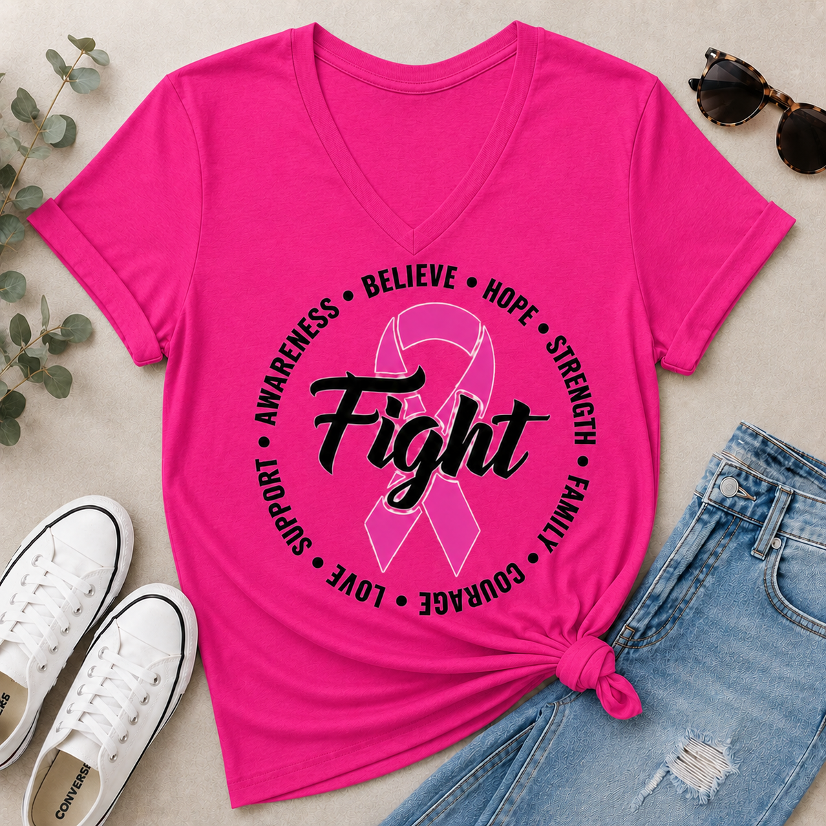 Ready to Ship | Fuschia Breast Cancer Awareness V-NECK*