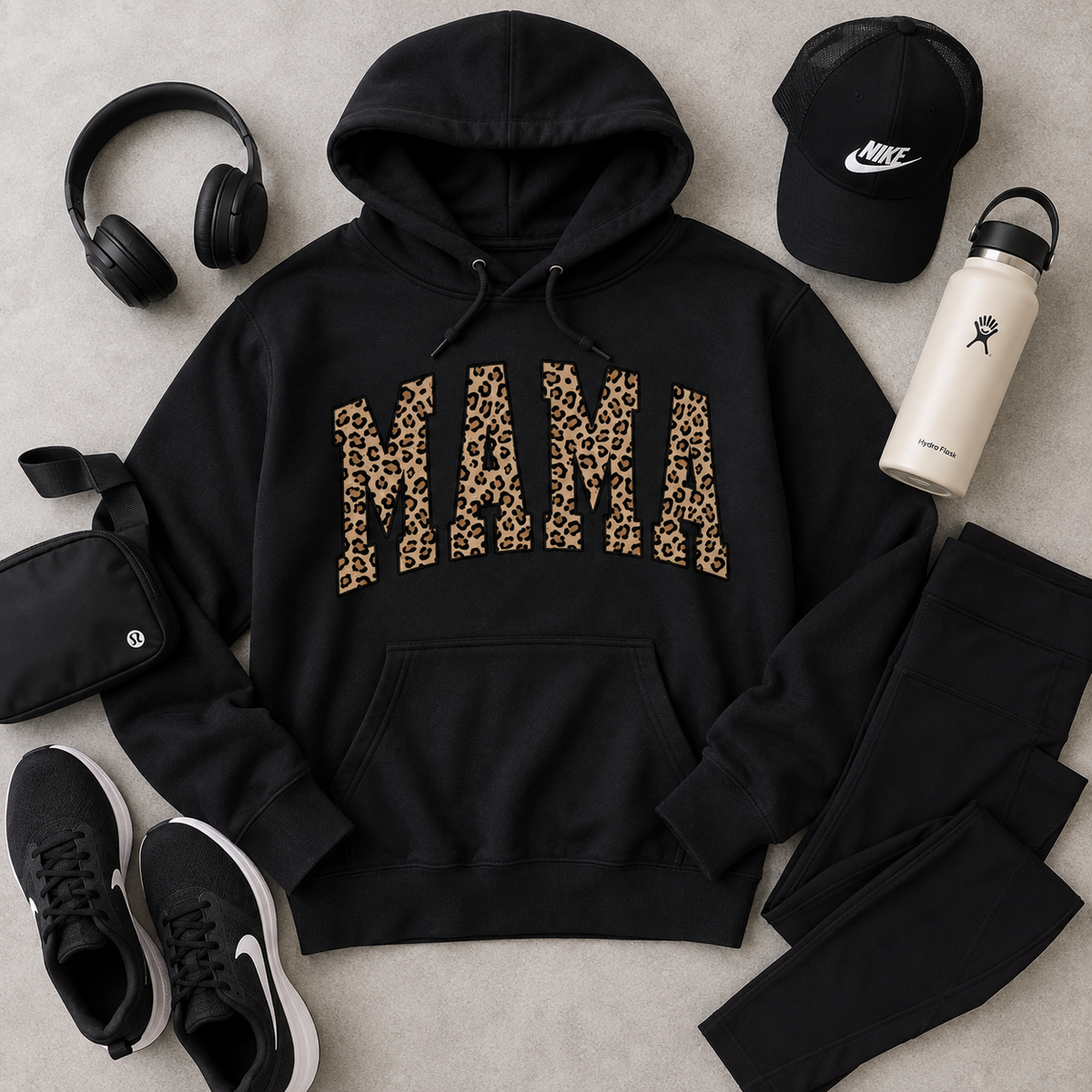 Julia Rose Mama Leopard apparel featuring a leopard-print MAMA graphic, available as a crewneck, V-neck, long-sleeve T-shirt and hoodie.