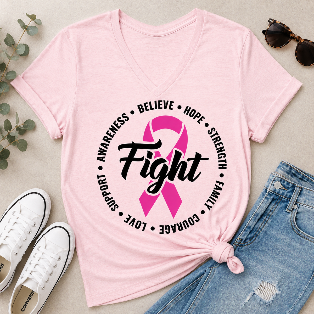 A light pink V-neck T-shirt laid flat on a light beige surface, styled with white sneakers, blue jeans, sunglasses, and eucalyptus leaves. The shirt has a large black and pink graphic on the front featuring a ribbon and the word 'Fight' surrounded by supportive words.