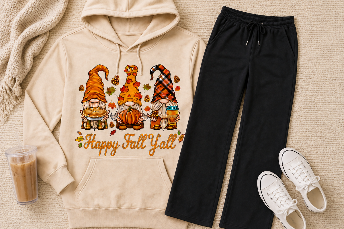 Cream Happy Fall Y’all gnome graphic hoodie styled with black wide-leg sweatpants, white sneakers, iced coffee, and a neutral knit throw.