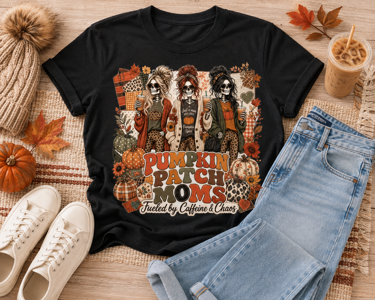Black Pumpkin Patch Moms graphic T-shirt featuring three skeleton moms, colorful pumpkins, fall patterns, and Fueled by Caffeine and Chaos text.