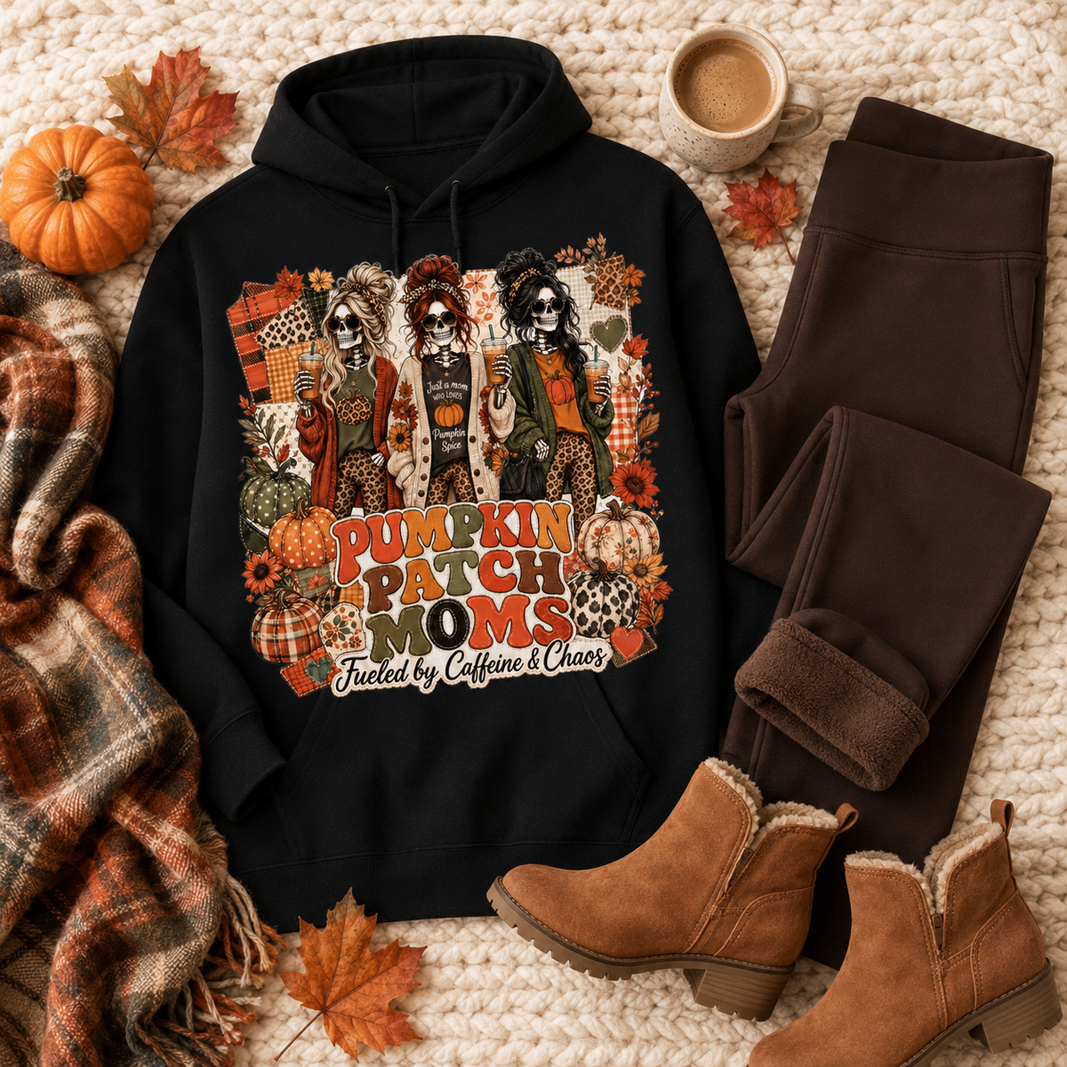 Pumpkin Patch Moms apparel with three skeleton moms, pumpkins and the phrase Fueled by Caffeine and Chaos, available in sizes S–3XL.