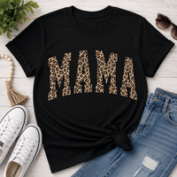 Julia Rose Mama Leopard apparel featuring a leopard-print MAMA graphic, available as a crewneck, V-neck, long-sleeve T-shirt and hoodie.