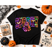 Julia Rose SPOOKY apparel featuring colorful Halloween-patterned lettering, bats, pumpkins and a bow-wearing ghost.