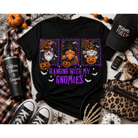Julia Rose Hanging With My Gnomies apparel featuring three Halloween gnomes, pumpkins, bats and purple lettering.