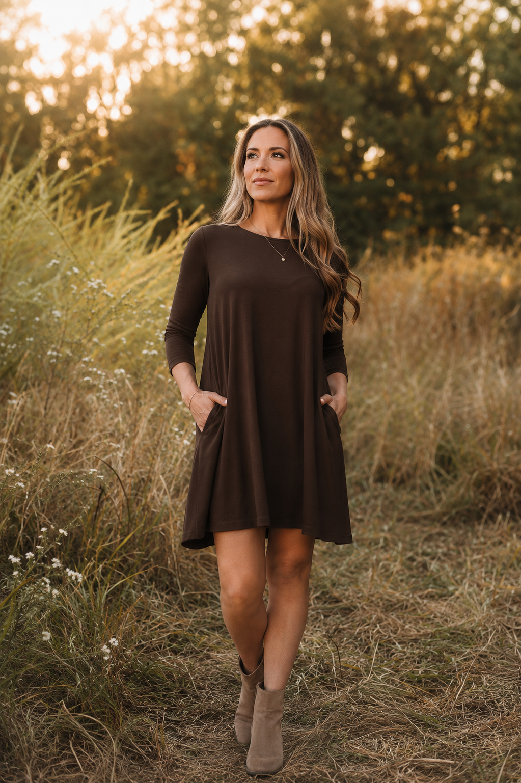 PreOrder | The Ivy - Brown Swing Dress with 3/4 Sleeves