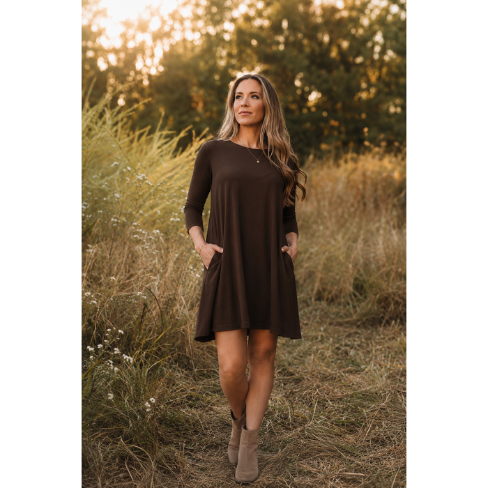 PreOrder | The Ivy - Brown Swing Dress with 3/4 Sleeves