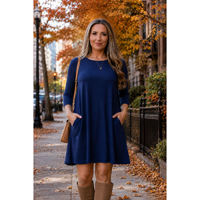 PreOrder | The Alyssa - Navy Swing Dress with 3/4 Sleeves