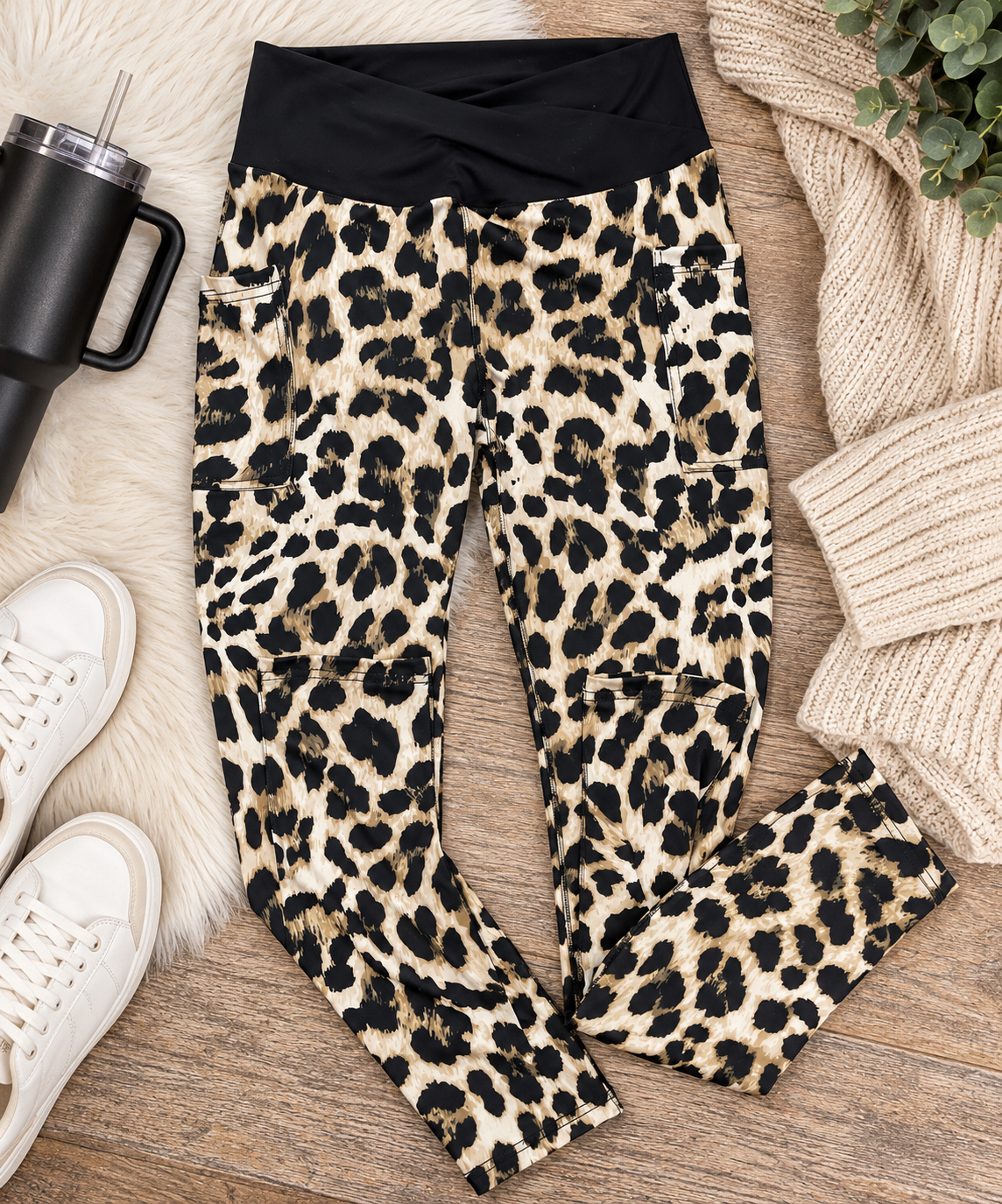 PreOrder | Leopard Leggings with Black Crossover Waistband