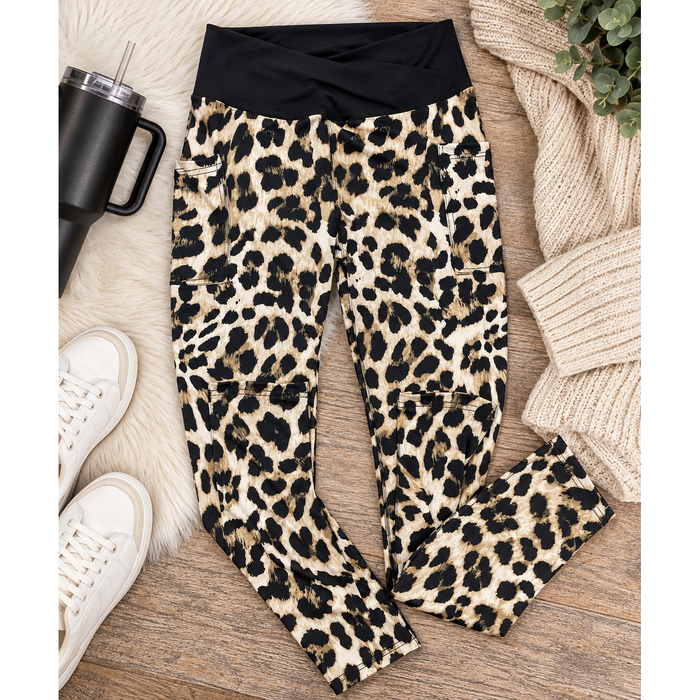 PreOrder | Leopard Leggings with Black Crossover Waistband