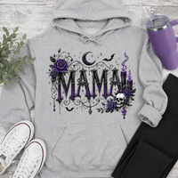 Gray Gothic Mama graphic hoodie with purple roses, skull, crescent moon, bats and candles