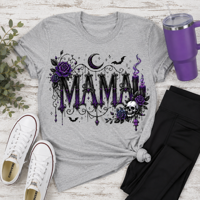 Gray Gothic Mama crewneck graphic tee with purple roses, skull, crescent moon, bats and candles