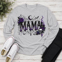 Gray Gothic Mama long sleeve graphic shirt with purple roses, skull, crescent moon, bats and candles
