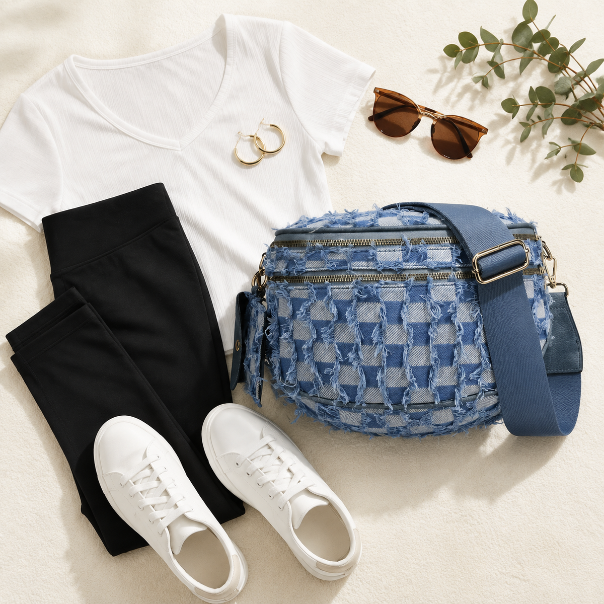 Julia Rose women’s sling bag collection featuring black, camel and woven denim crossbody bags with adjustable wide straps and zippered compartments.