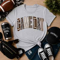 Julia Rose Game Day apparel featuring a football-inspired GAMEDAY graphic with leopard, polka-dot, gingham and striped details.